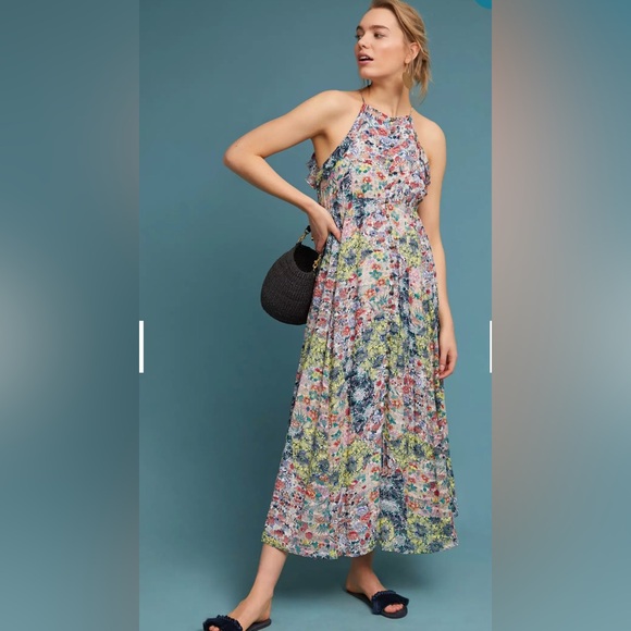 Meadow Rue Anthropologie Allerton Maxi Dress Women's XS Floral Boho Girly Ruffle - Picture 1 of 9